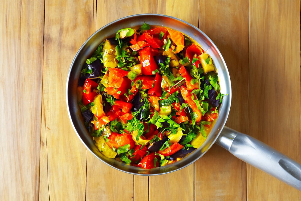 Zucchini with Eggplants and Tomatoes in a Pan