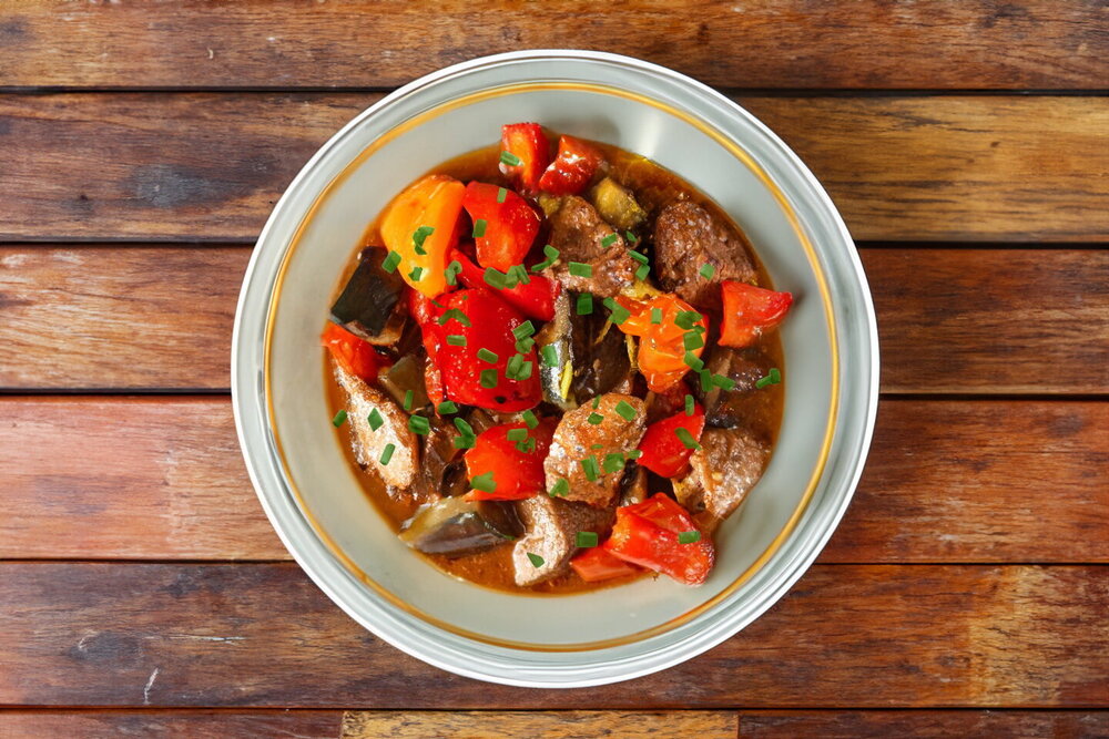 Stewed Beef with Eggplants, Tomatoes, and Peppers