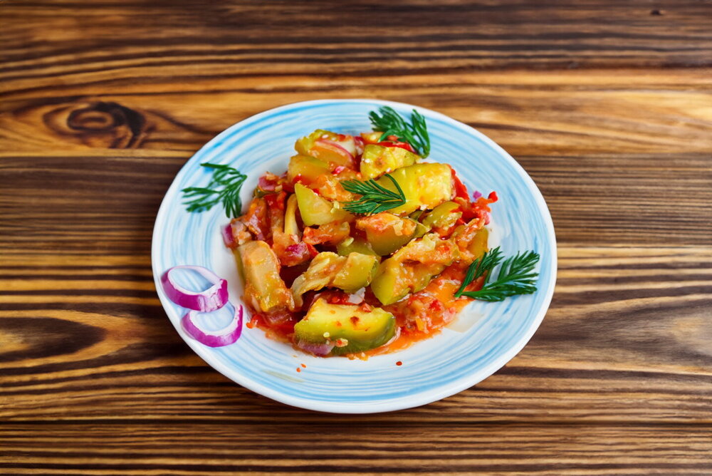 Stewed Zucchini with Tomatoes and Garlic in a Frying Pan
