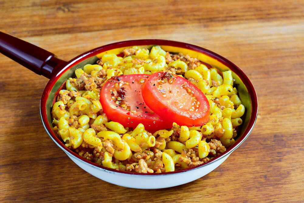 Navy-Style Pasta with Ground Meat and Tomato Paste in a Frying Pan