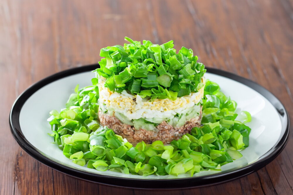 Salad with Canned Saira, Cucumber, and Egg