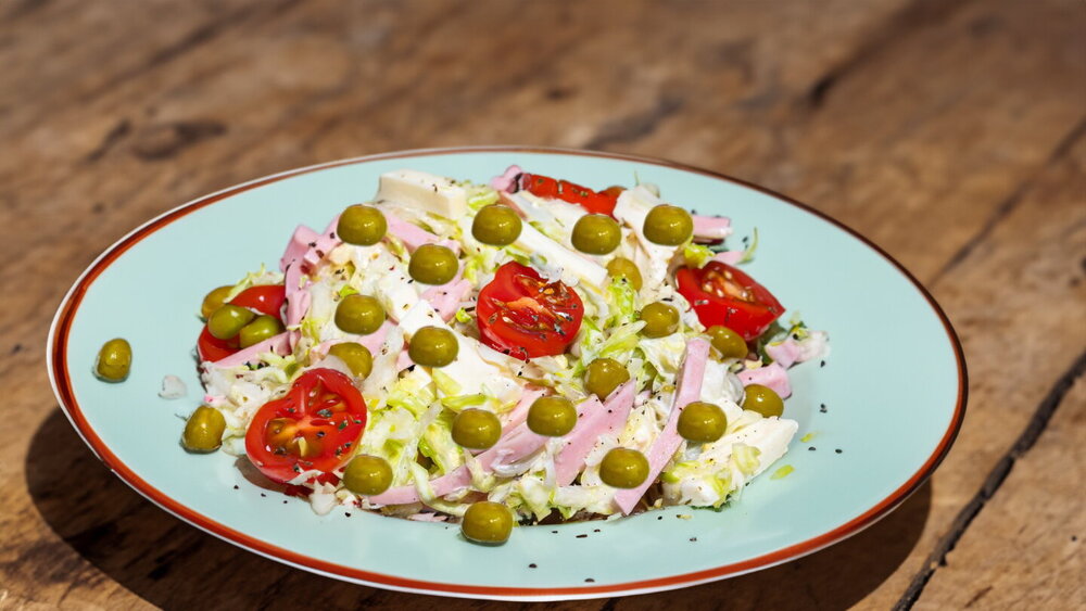 Quick Fresh Cabbage Salad with Ham, Cheese, and Green Peas