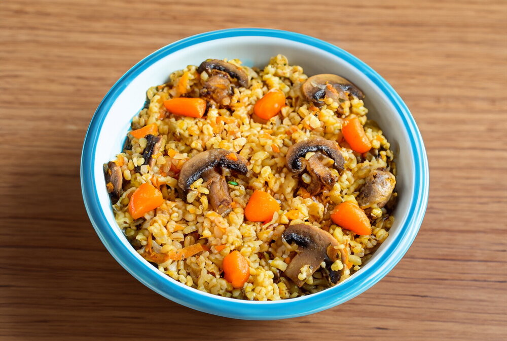 Bulgur with Mushrooms and Onions in a Skillet