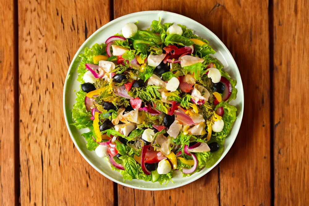 Smoked Chicken Breast Salad with Tomatoes, Cheese and Cucumbers