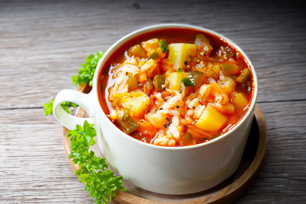 Rassolnik with Marinated Cucumbers, Rice and Cabbage