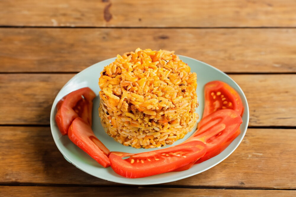 Rice with Ground Meat and Tomato Paste in a Skillet