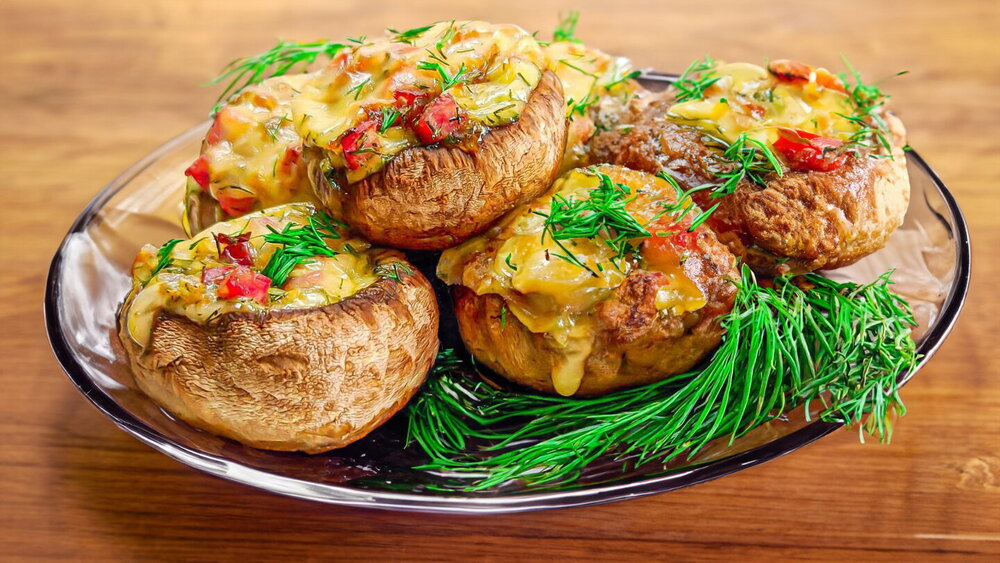 Champignon Mushrooms Stuffed with Ham and Cheese (Oven-Baked)