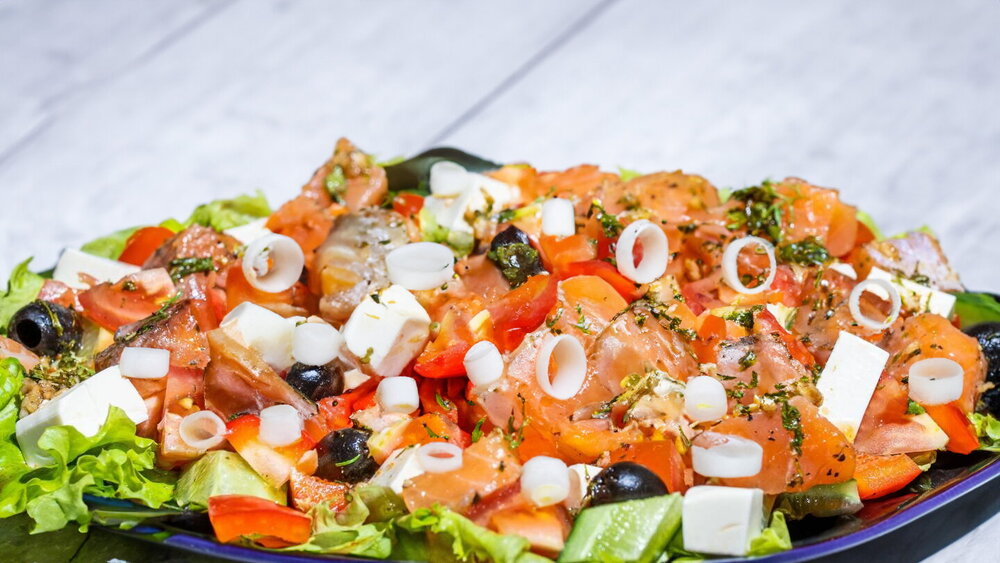 Greek Salad with Trout and Fetaksa Cheese