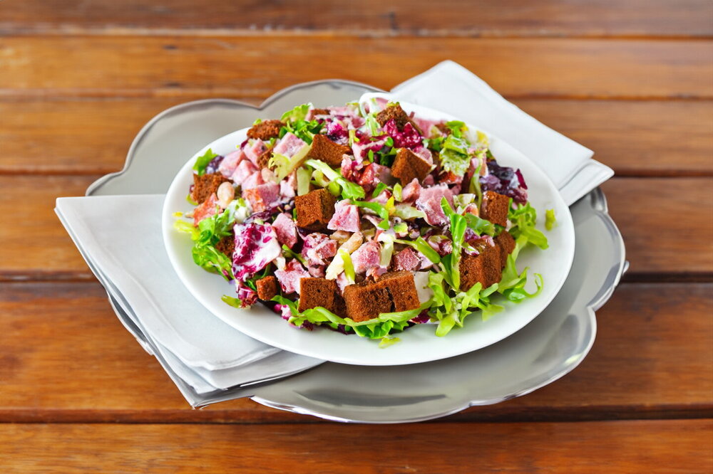 Bean Salad with Smoked Sausage and Croutons