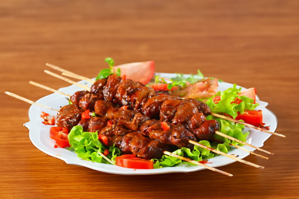 Oven-Baked Chicken Heart Skewers on Wooden Sticks