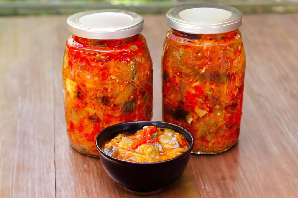 Eggplant and Bell Pepper Lecho with Tomatoes for Winter