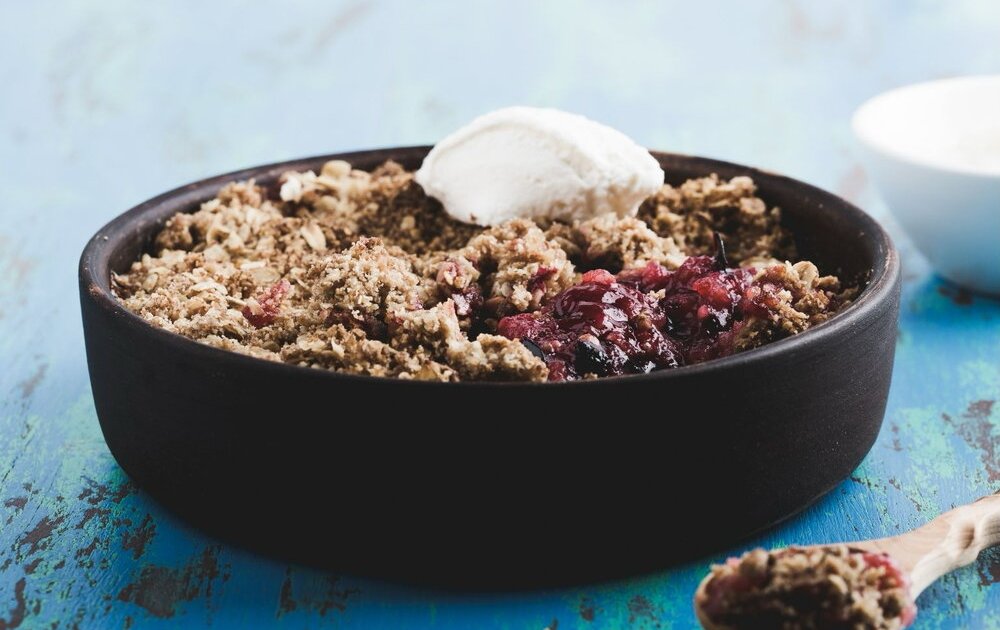 Pear, apple and raspberry crumble