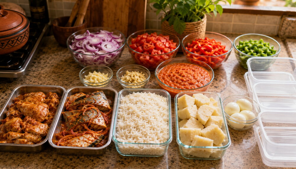 1-Hour Sunday Prep for a Ghana Workweek: Chop, Marinate, Cook Bases, Portion