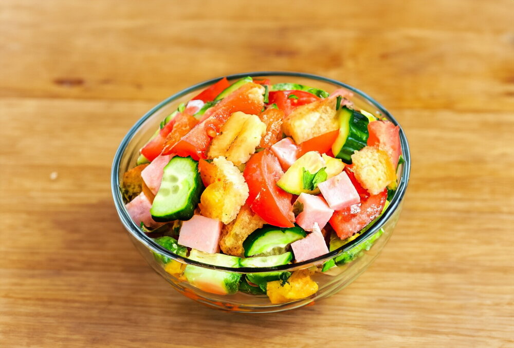 Salad with Croutons, Cucumbers, and Sausage