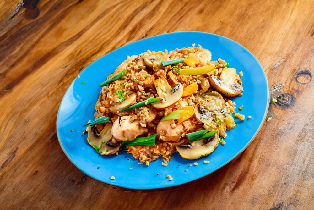 Buckwheat with Chicken and Mushrooms in a Skillet