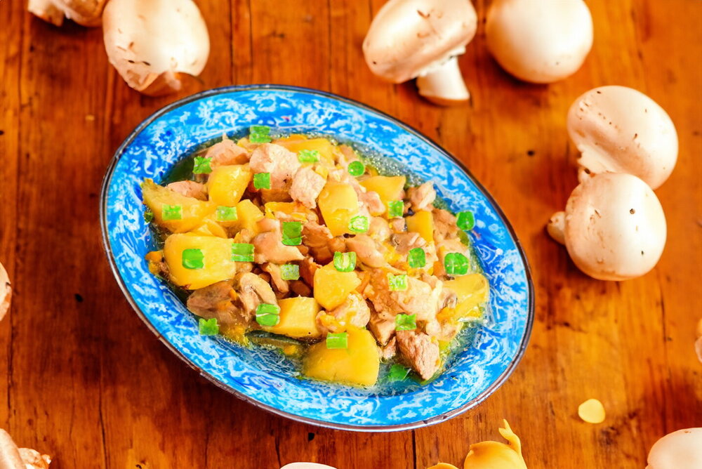 Pork Stew with Potatoes and Mushrooms in Clay Pots