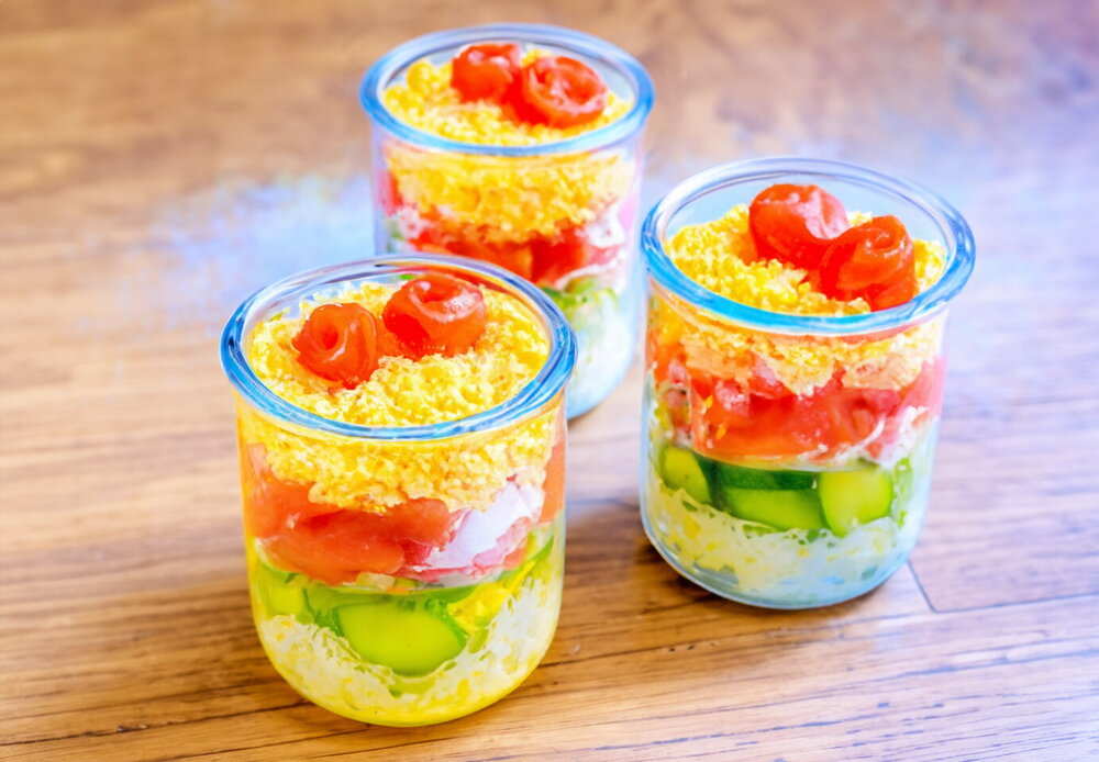 Salad with Red Fish, Egg, and Cucumber