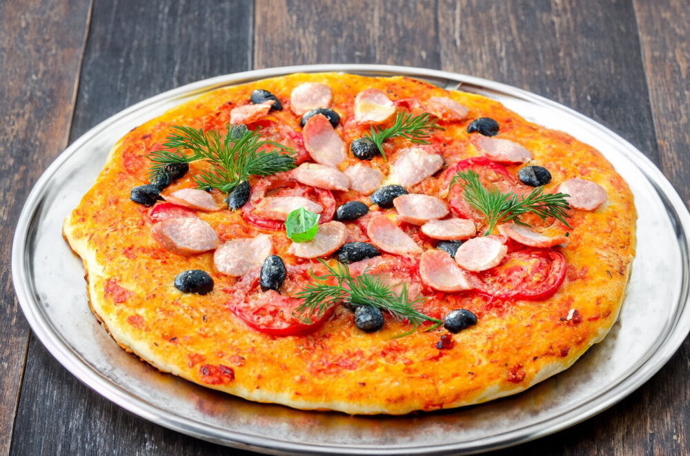 Pizza with Sausages and Cheese (Baked in the Oven)