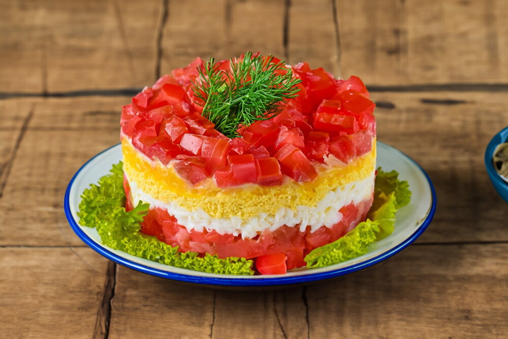 Salad with Red Fish, Tomatoes, and Cheese