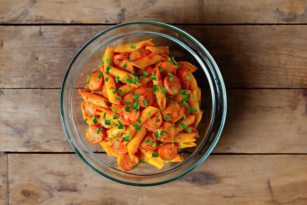 Pasta with Sausages in a Skillet