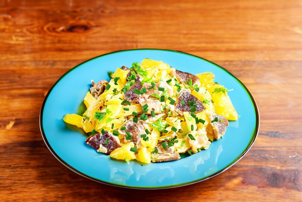 Potatoes with Mushrooms in a Skillet with Sour Cream