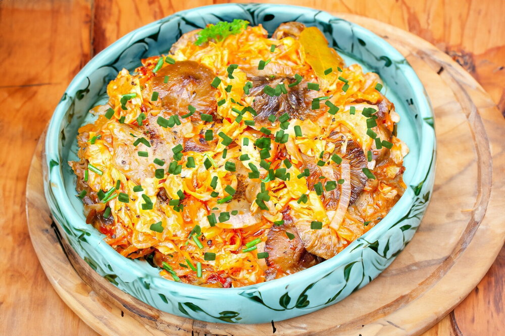 Braised Cabbage with Mushrooms in a Skillet