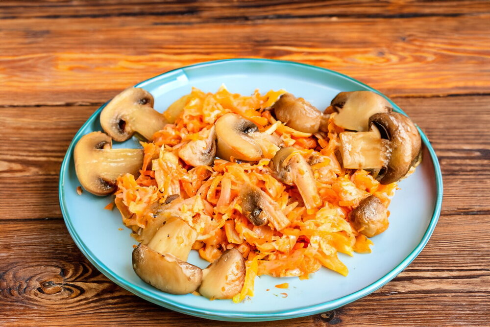 Stewed Cabbage with Champignons in a Skillet