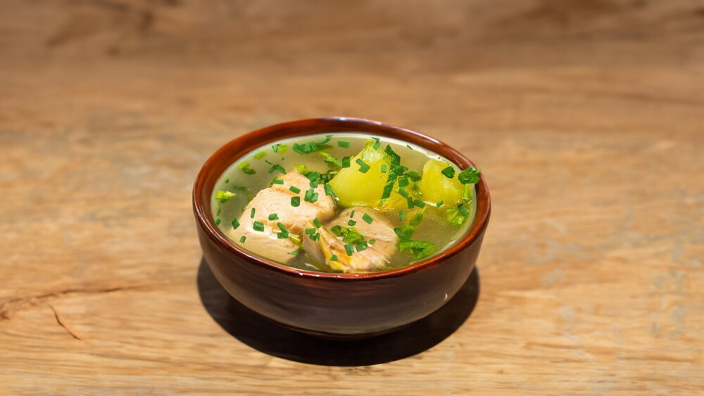 Homemade Pink Salmon Fish Soup with Vegetables