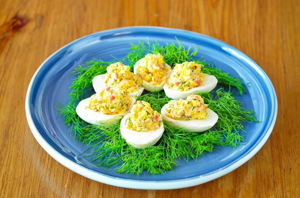 Deviled Eggs with Crab Sticks and Cheese