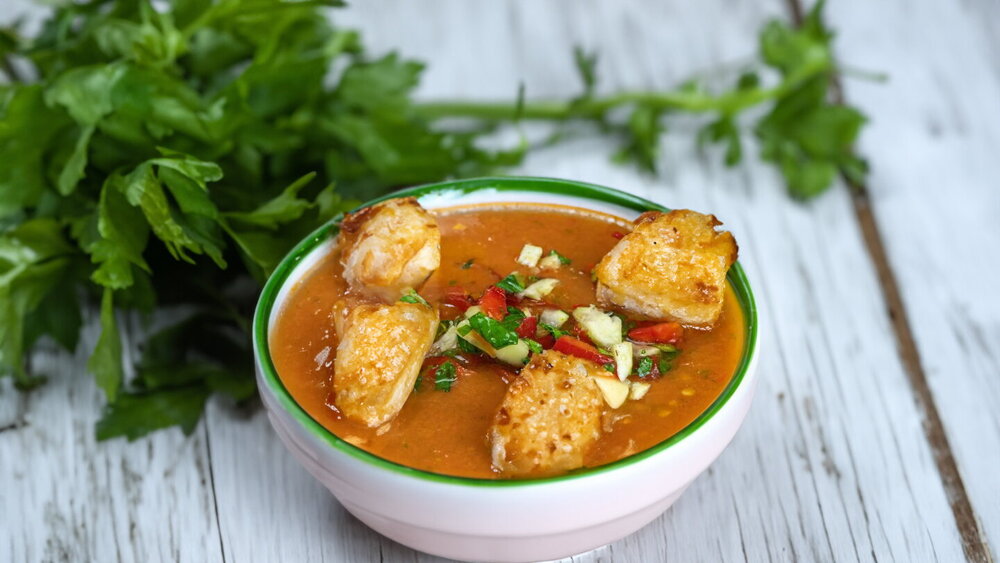 Cold Tomato Puree Soup Gazpacho with Croutons