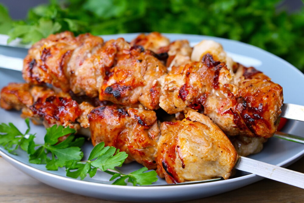 Pork Shashlik with Tomatoes and Onions