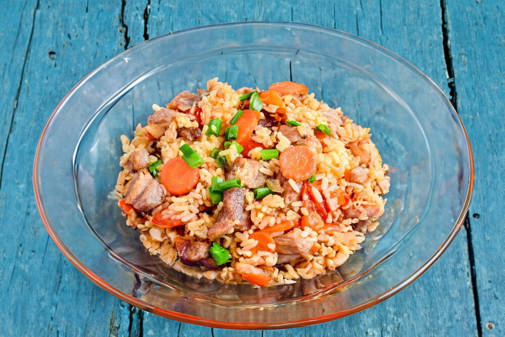 Rice with Meat and Vegetables in a Skillet