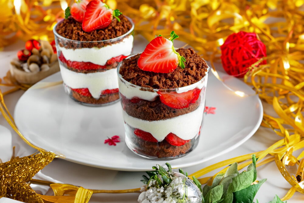 Trifle Dessert in Glasses with Strawberries