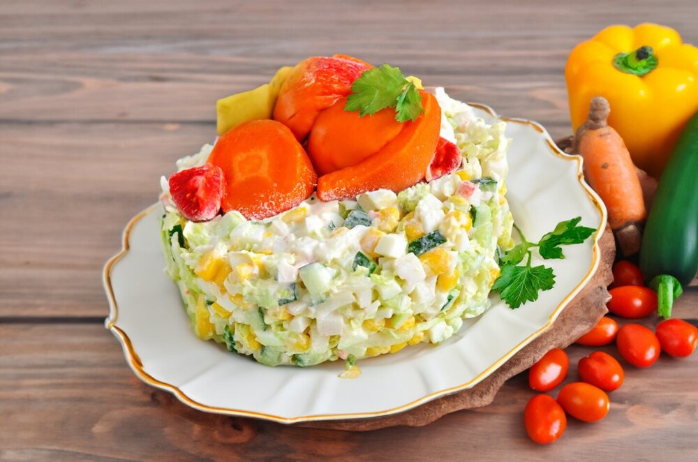 Cabbage Salad with Crab Sticks and Cucumber