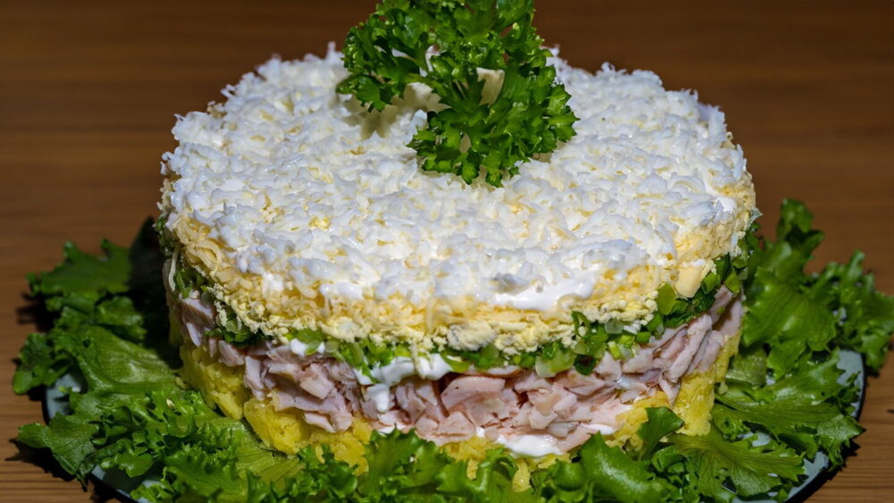 Layered “Bride” Salad with Smoked Chicken