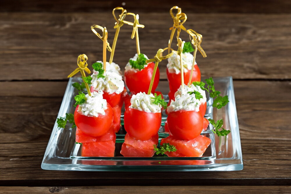 Canapés with Red Fish on Skewers and Cream Cheese