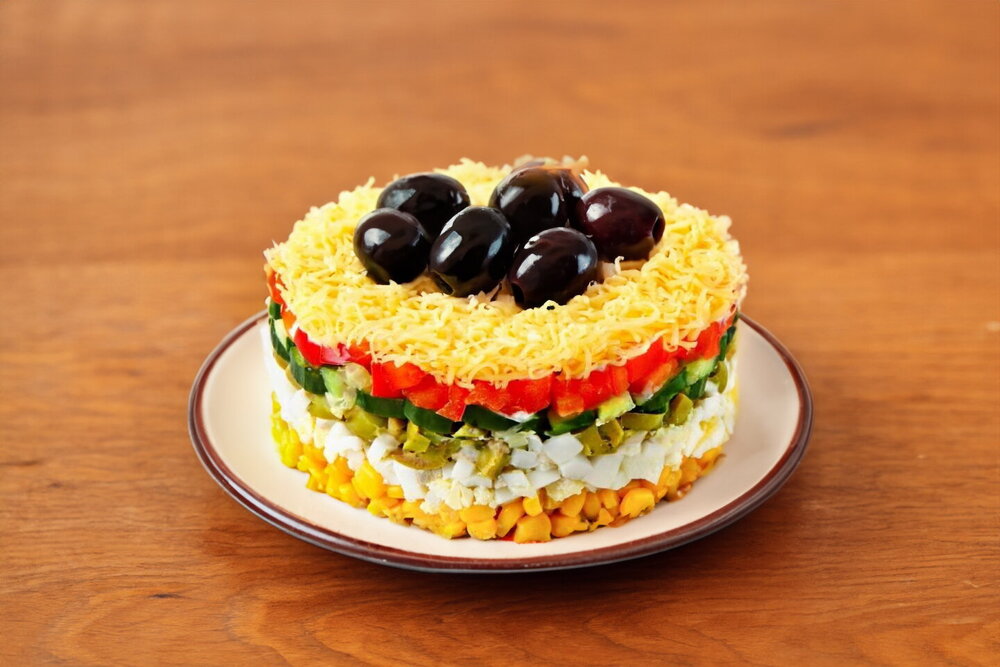 Salad with Egg, Cheese, Corn, and Cucumber