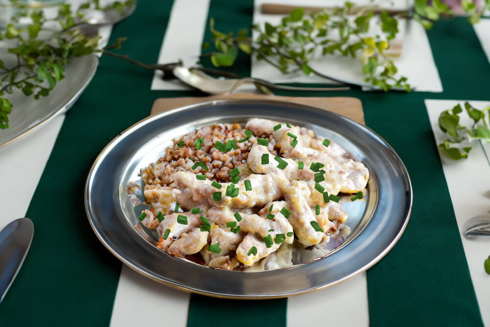 Pork Stroganoff with Sauce in a Skillet