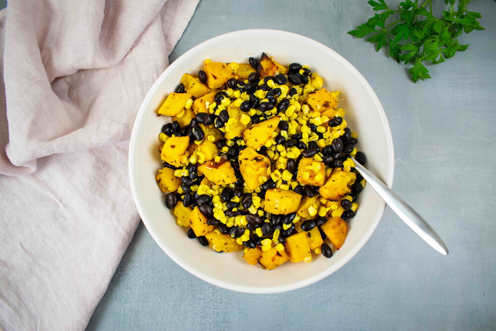 Baked pumpkin salad with sweet corn