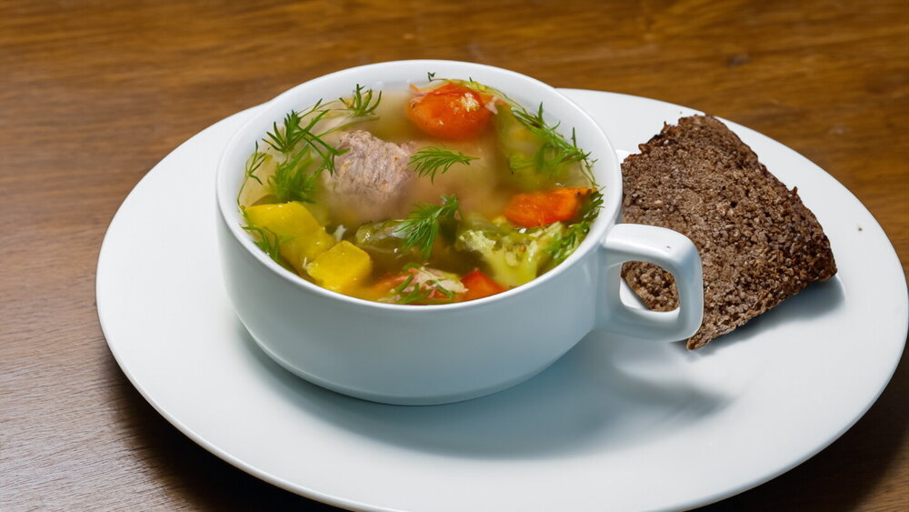 Thick Meat Soup with Pumpkin and Vegetable Mix
