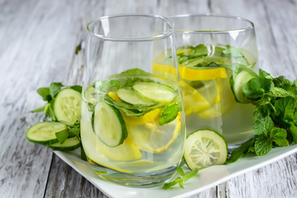 Drink with Ginger, Cucumber, Lemon, and Mint