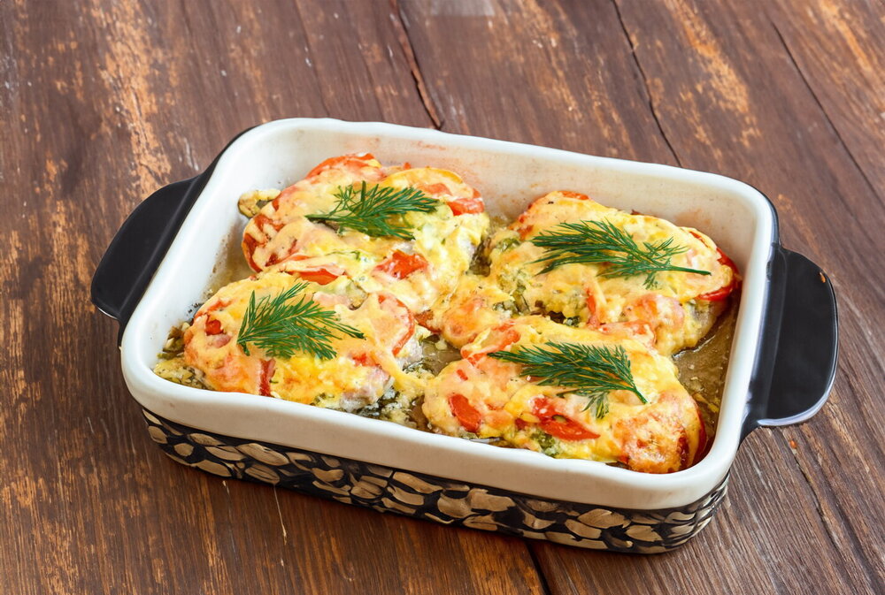 Pork Baked in the Oven with Cheese and Tomatoes