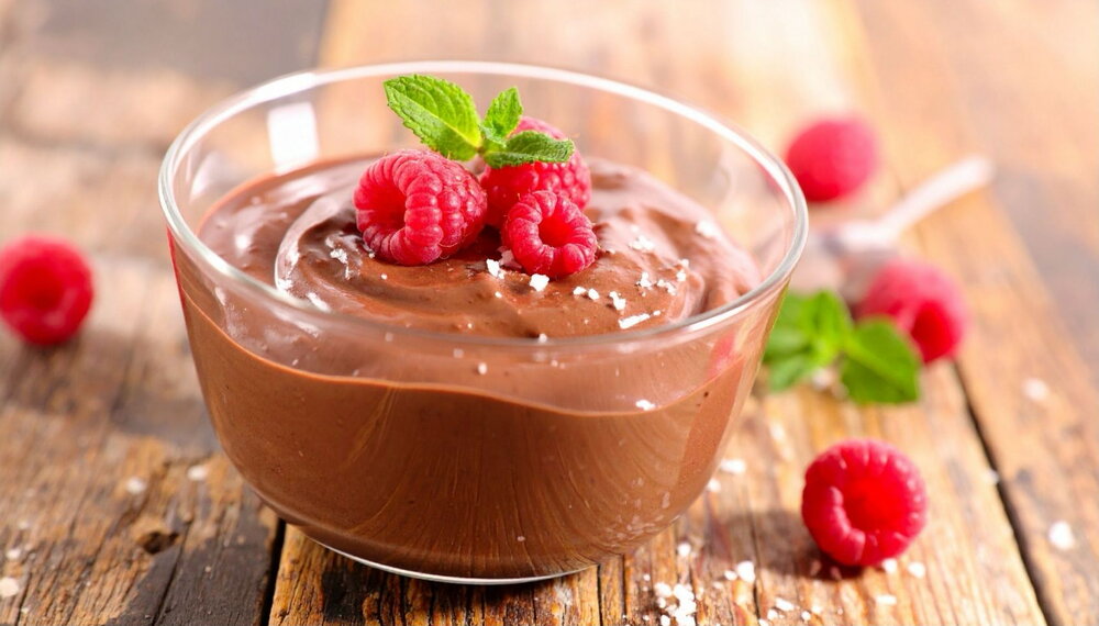 Chocolate and amaretto mousses with raspberry sauce