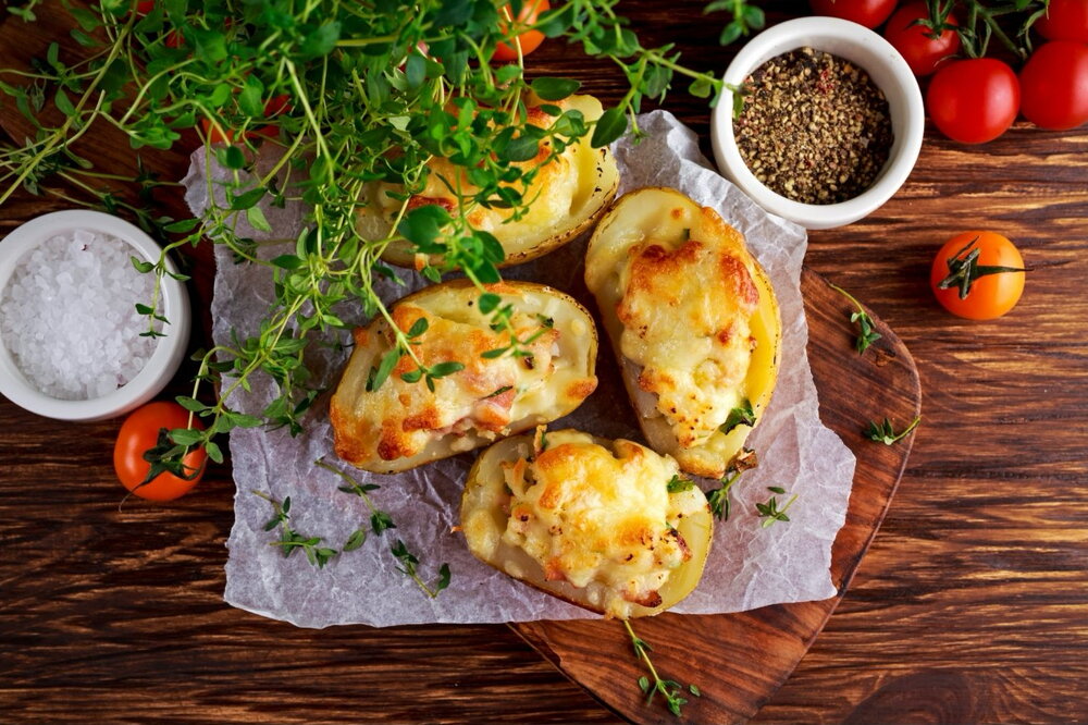 Jacket potato stuffed with cod