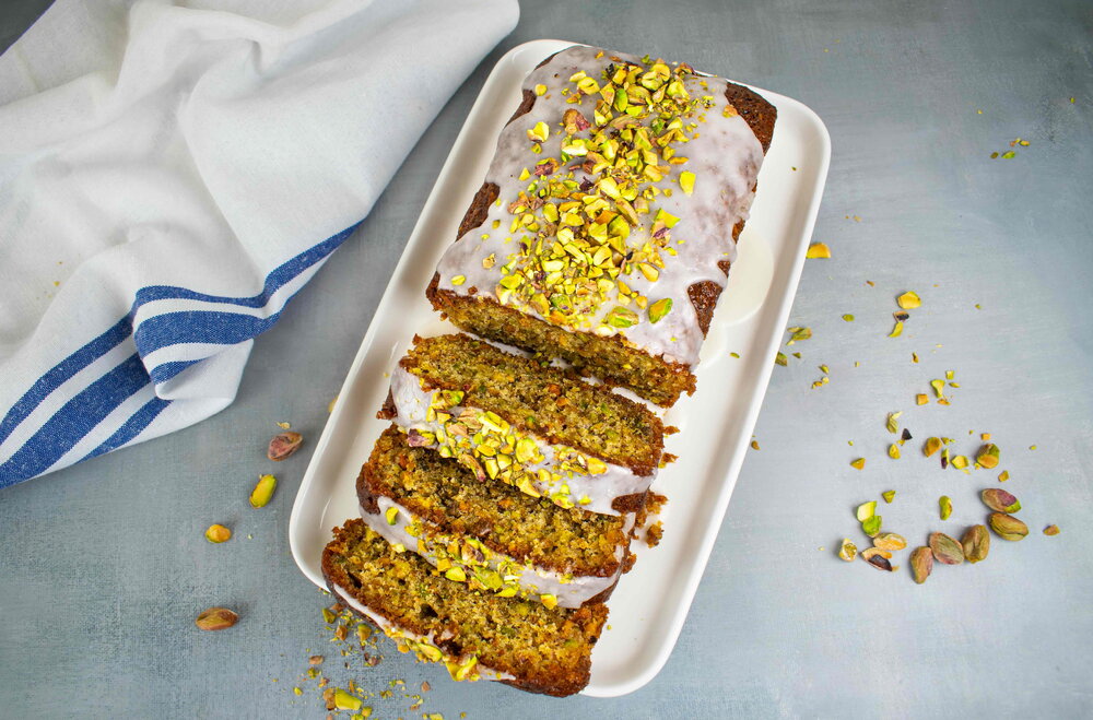 Pistachio loaf cake with citrus glaze