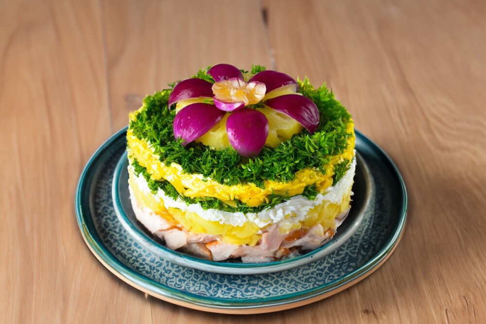 Salad with Smoked Chicken Breast, Pineapple, and Cheese