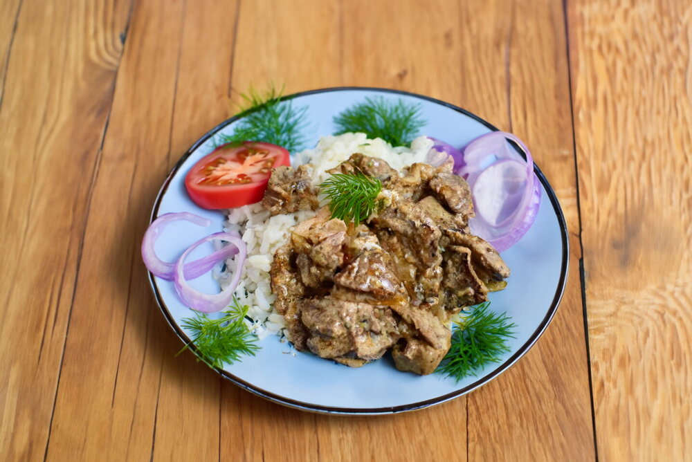 Chicken Liver with Mayonnaise in a Frying Pan