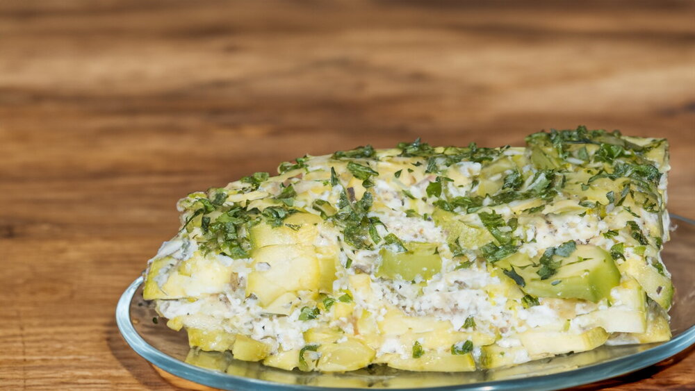 Zucchini Casserole in a Cottage Cheese and Cheese Sauce