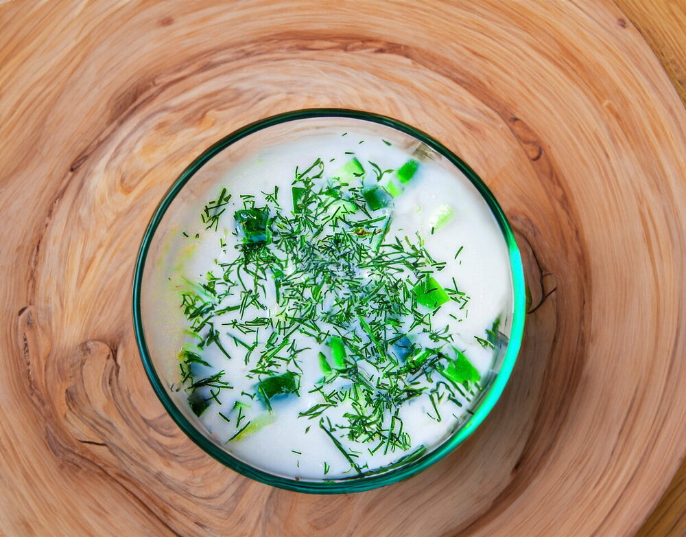 Classic Okroshka on Kefir with Sausage, Eggs, and Cucumbers