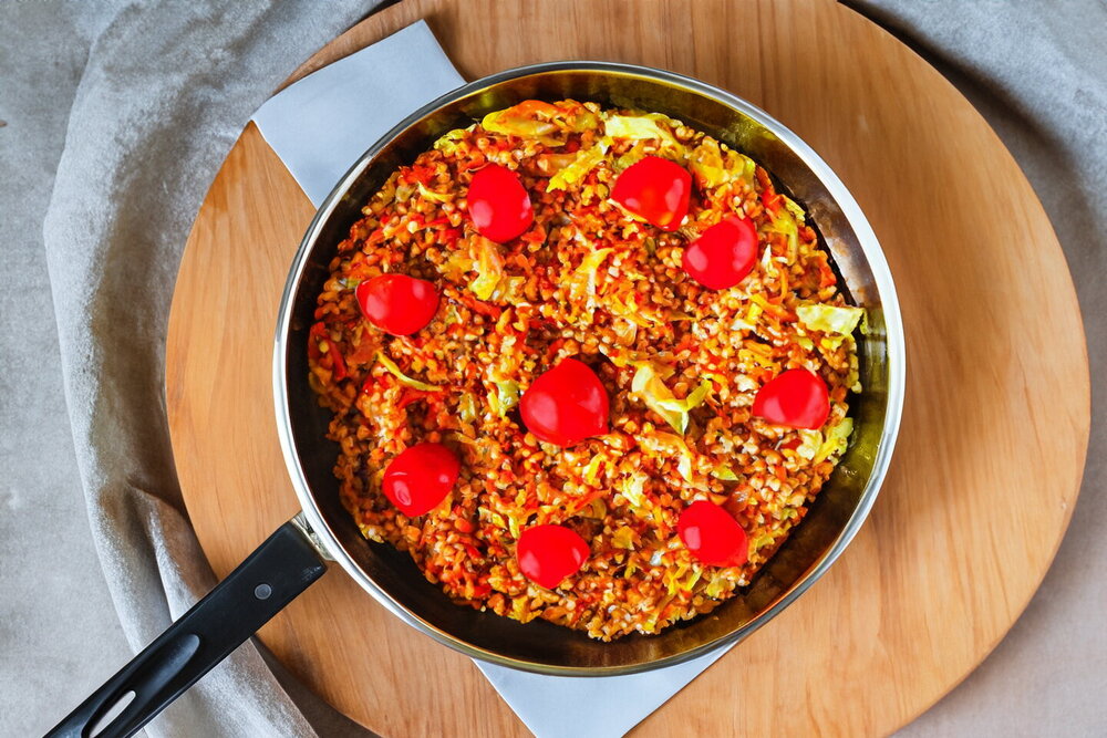 Buckwheat with Stewed Cabbage in a Pan